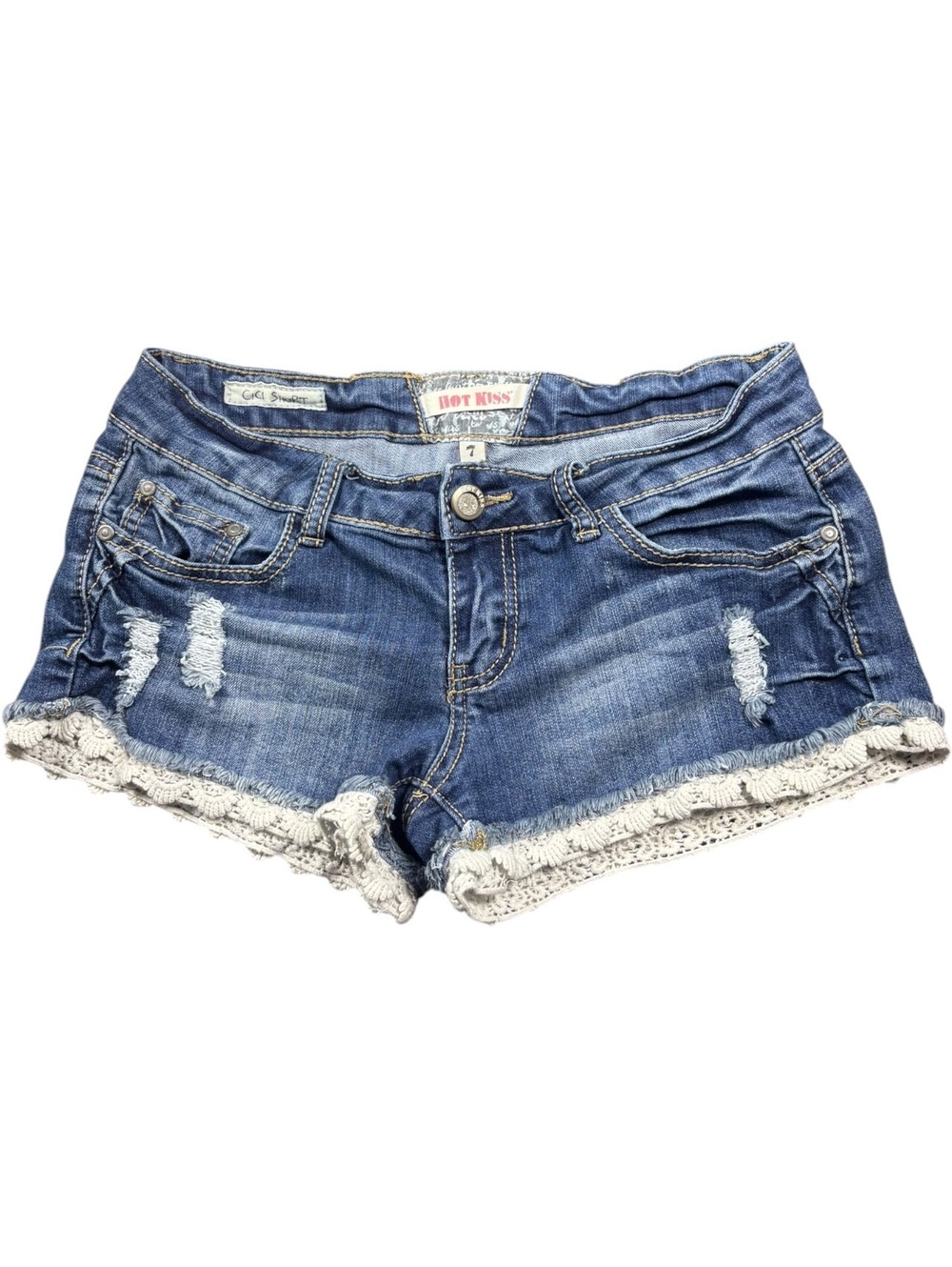Hot Kiss Y2K Cici Short Distressed Lace Trim Denim Shorts